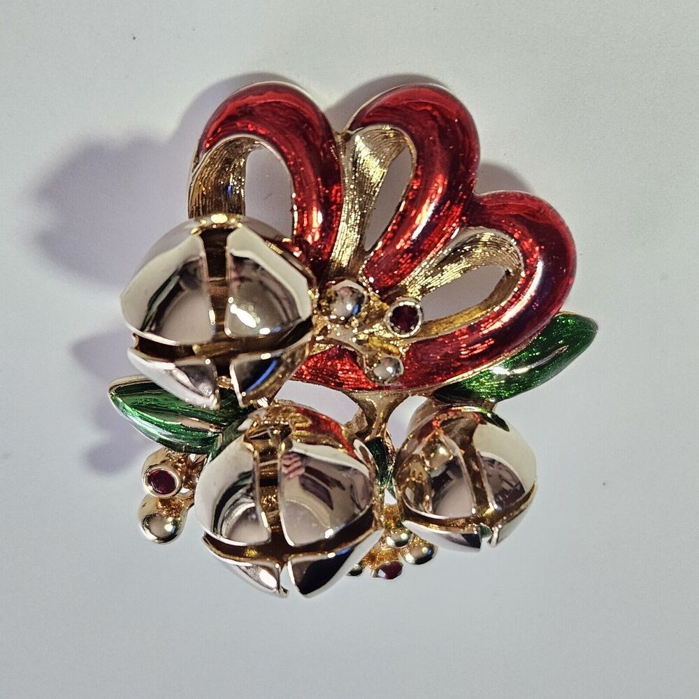 Vintage Gold Tone Jingle Bells Red Enamel Bow Brooch